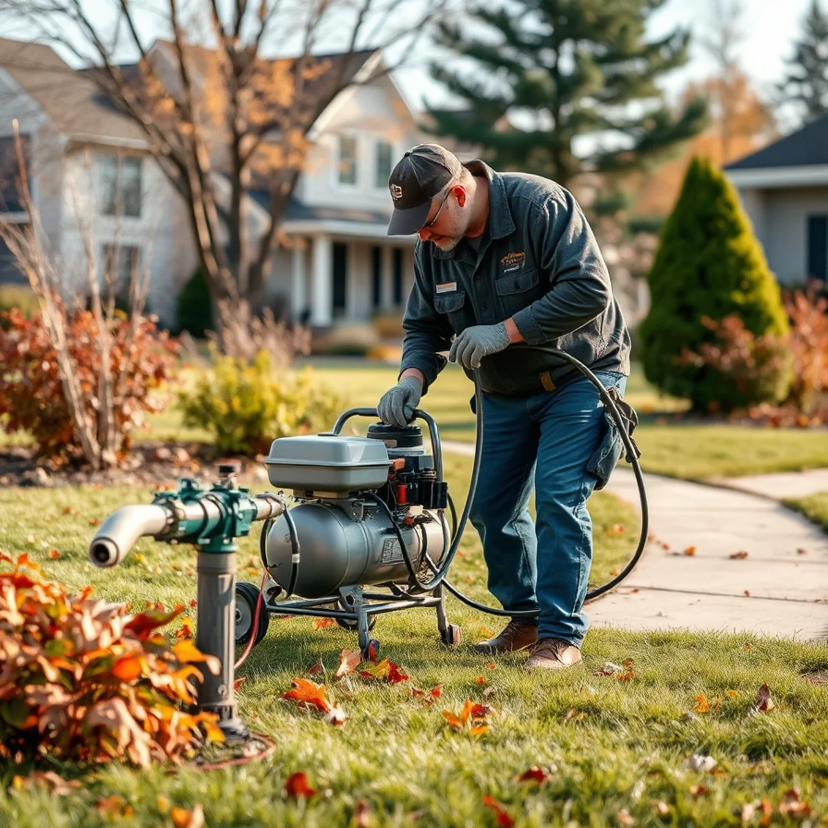 Air compressor connected to an irrigation system for a fall sprinkler blowout in Wisconsin