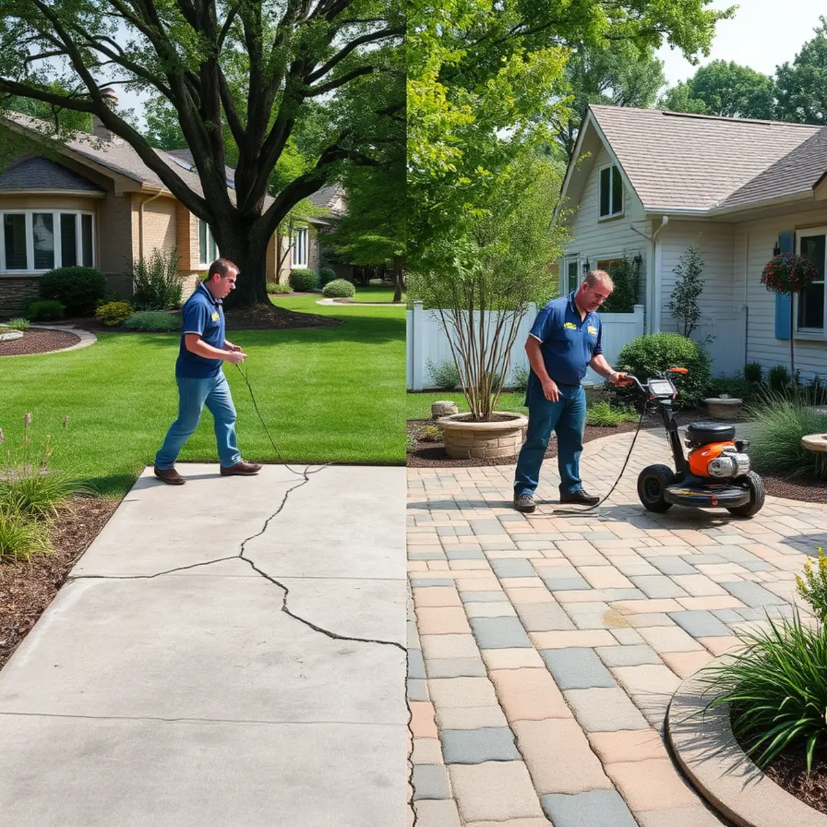 Side-by-side comparison of a paver patio and a poured concrete patio in a Wisconsin backyard
