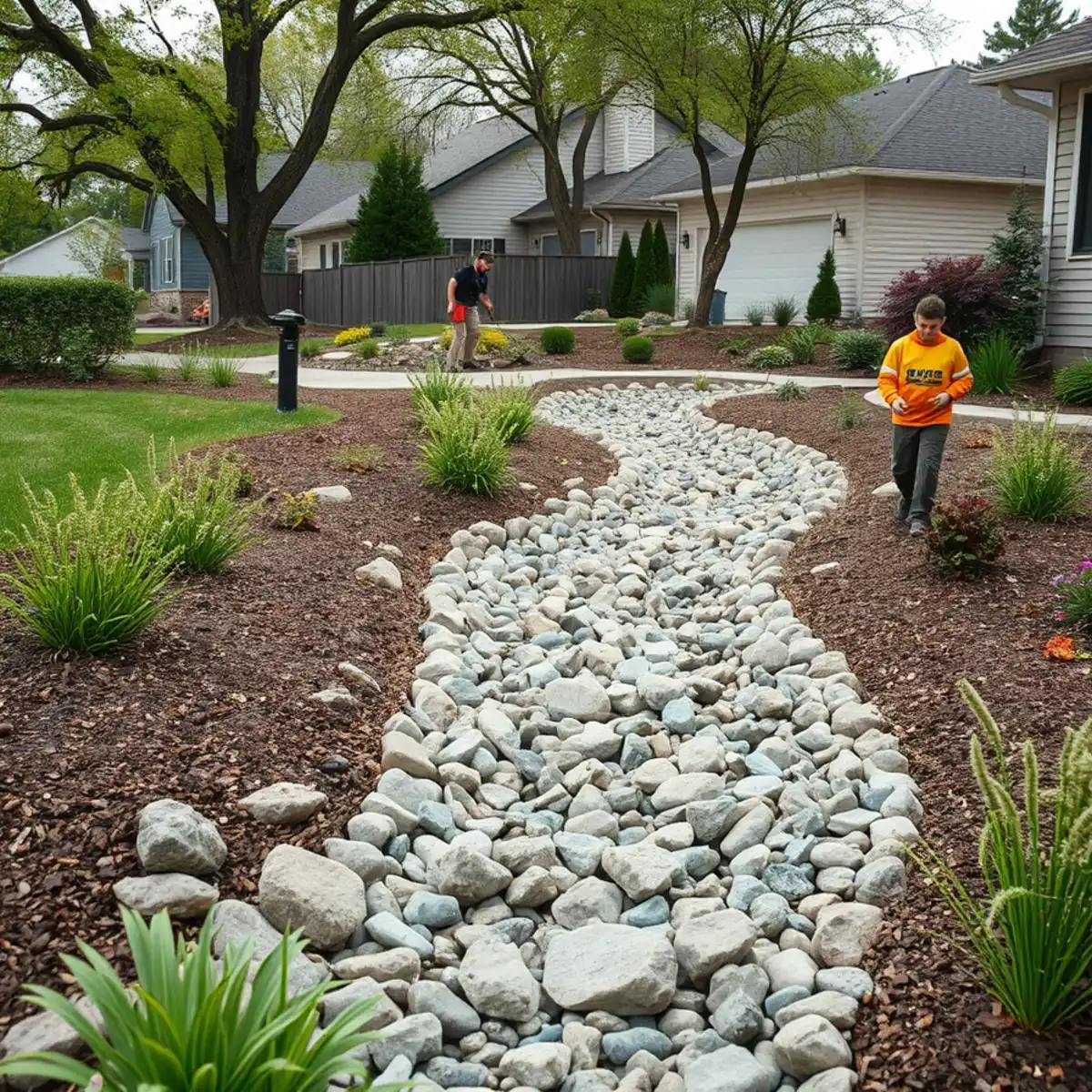 Dry creek bed drainage feature channeling water in an Appleton, WI yard