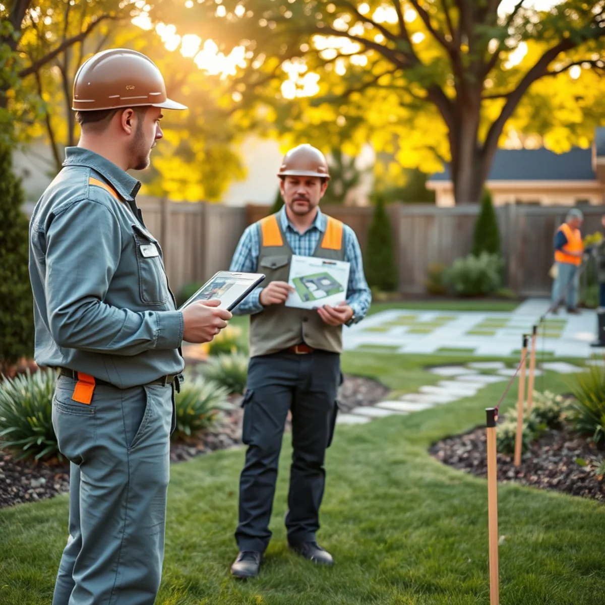 Landscape designer reviewing a yard plan at an Appleton, WI home