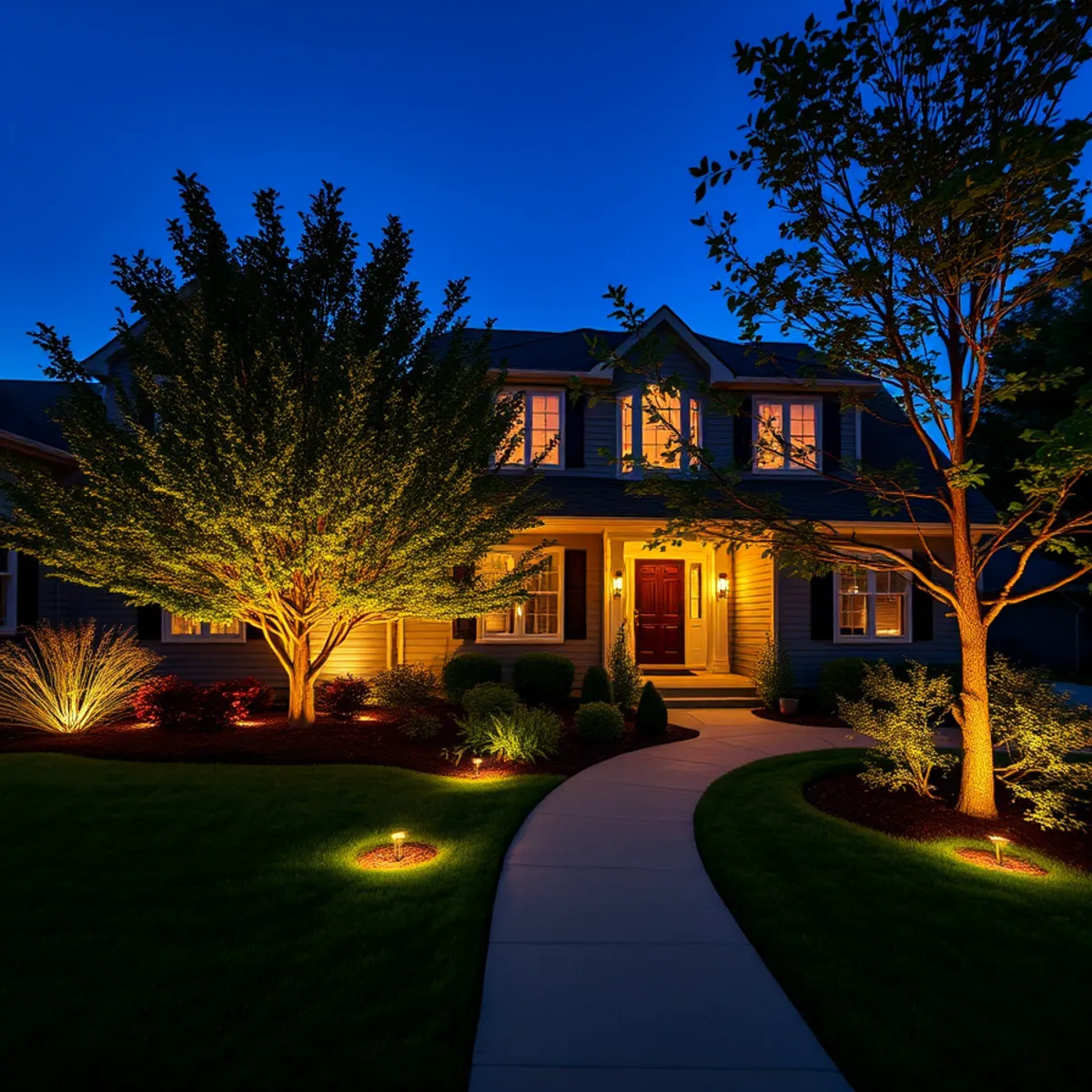 Low-voltage landscape lighting illuminating a home and trees in Appleton, WI at dusk