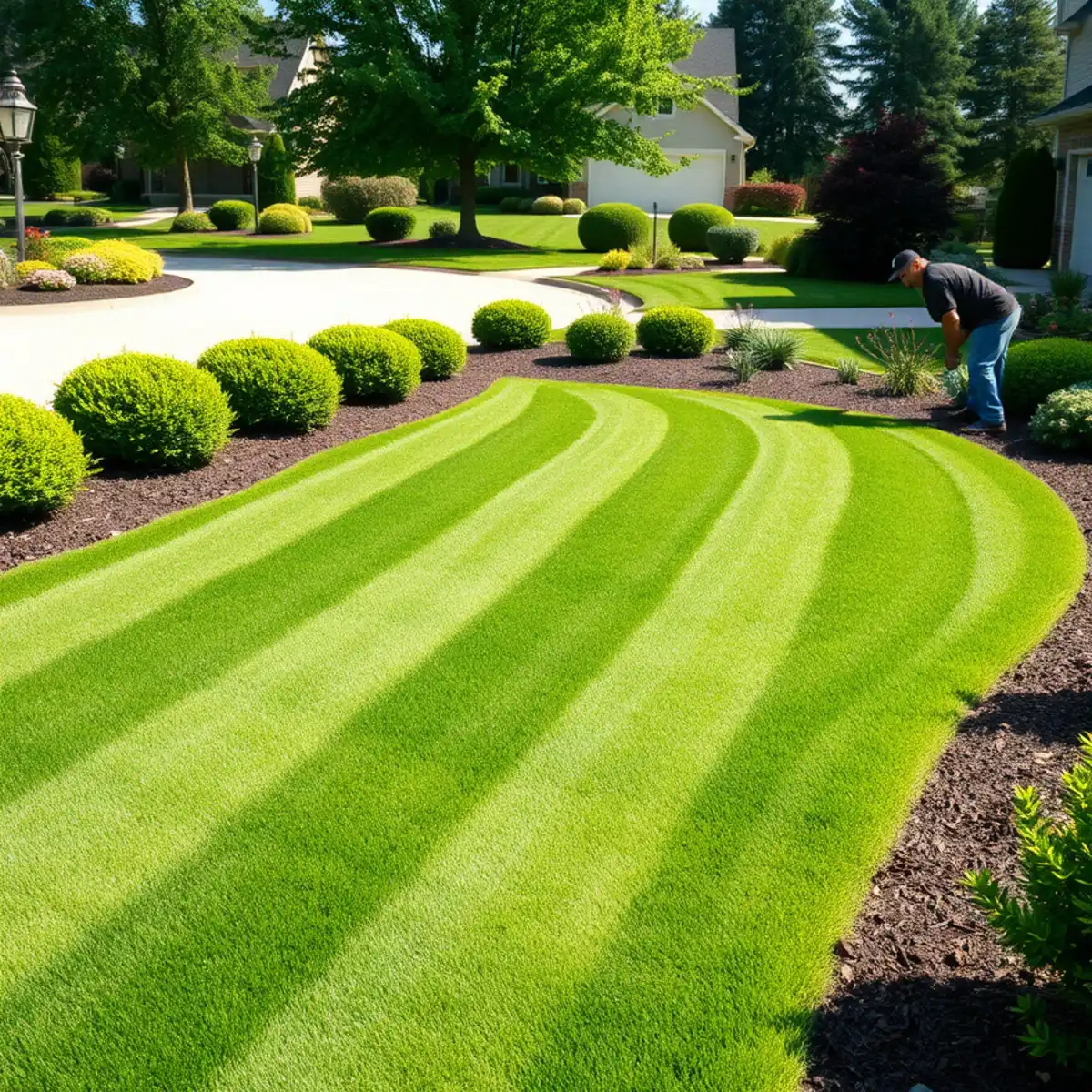 Healthy, freshly maintained lawn and planting beds at an Appleton, WI home