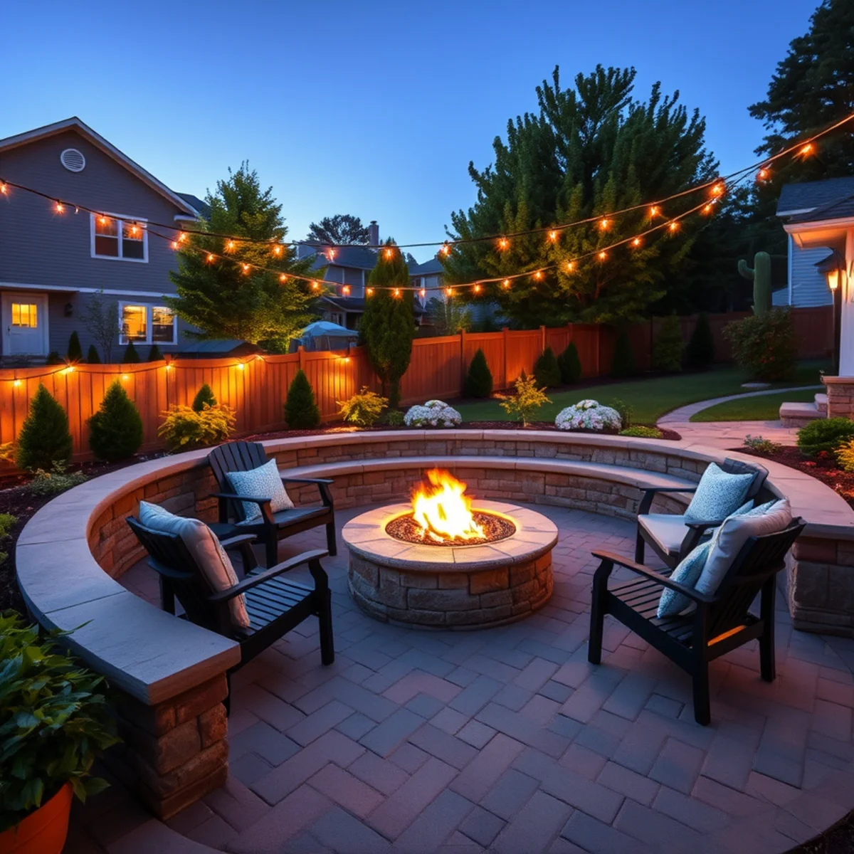 Backyard fire pit and paver seating area at an Appleton, WI home in the evening