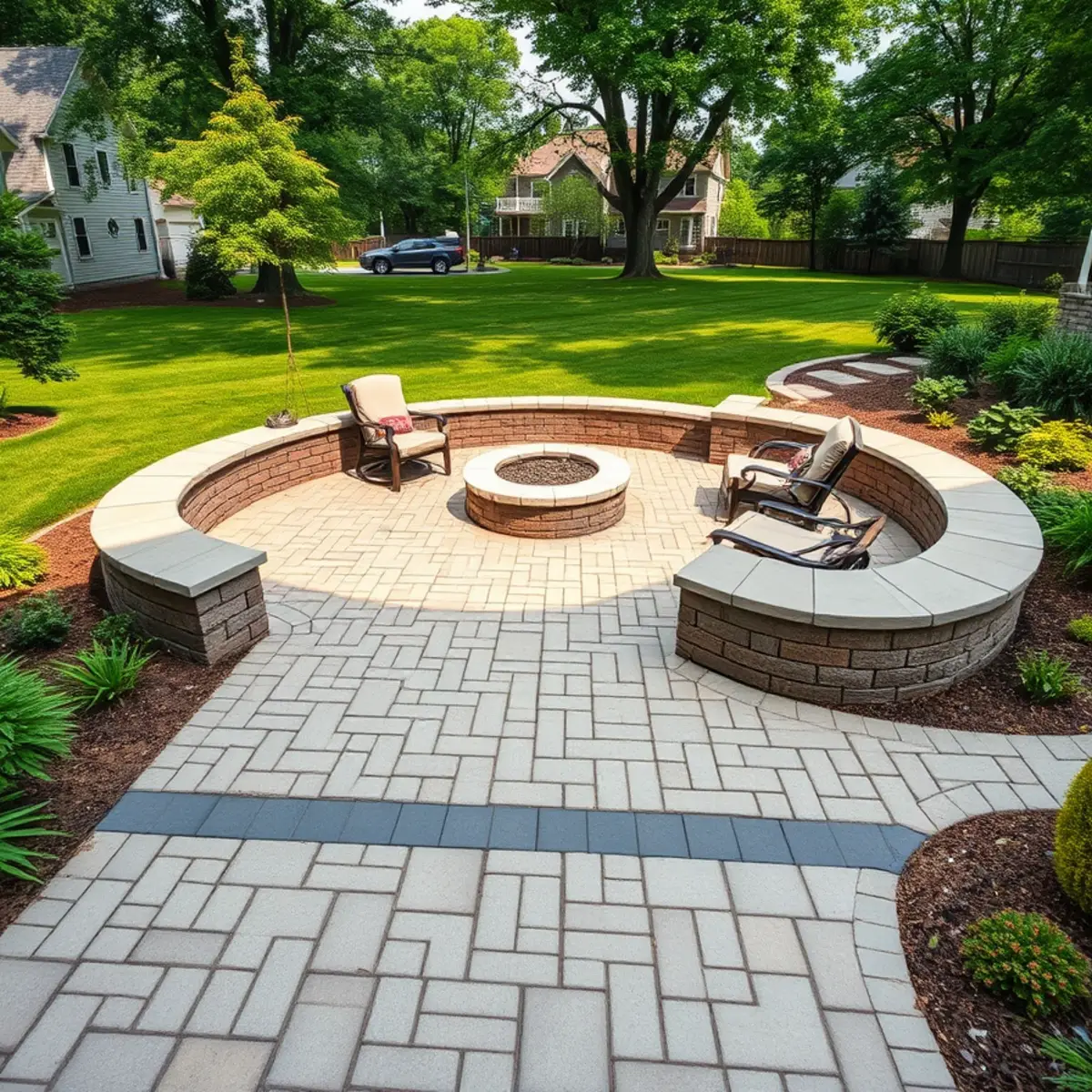 Interlocking paver patio with a fire pit in an Appleton, WI backyard