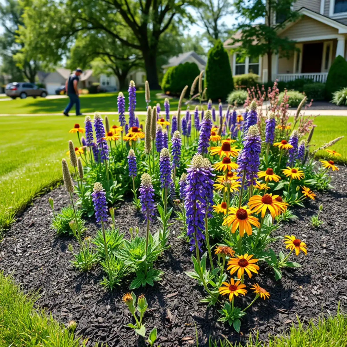 Native perennial garden bed with coneflowers at an Appleton, WI home