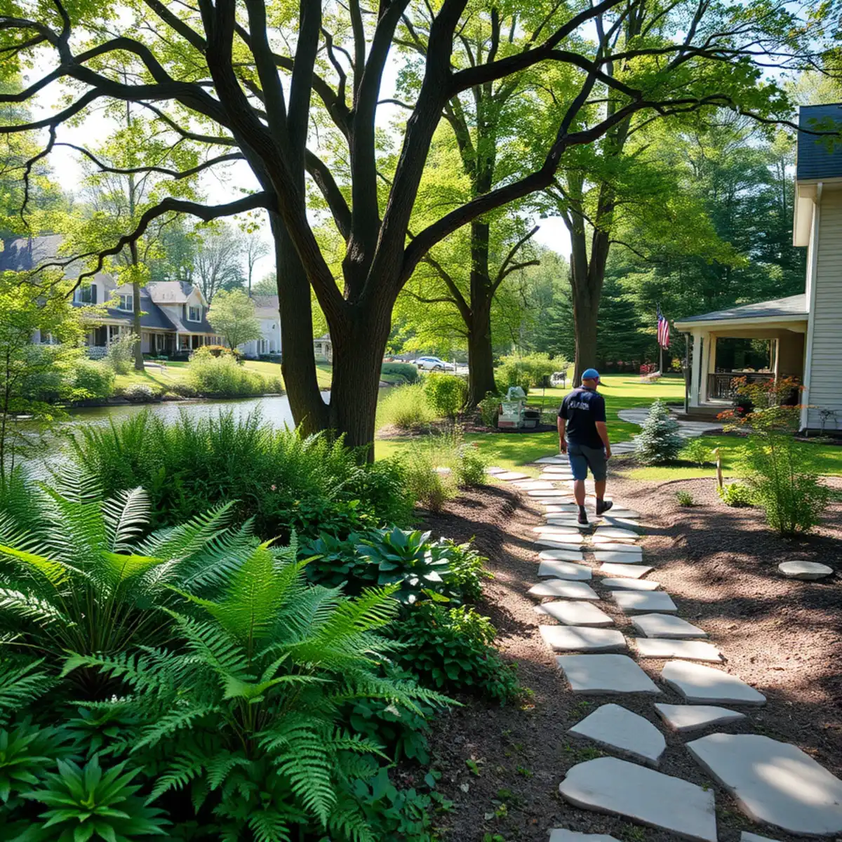 Wooded, landscaped riverside yard in New London, WI
