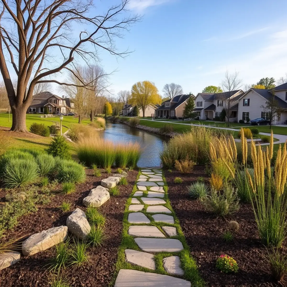 Landscaped riverside yard in Shiocton, WI